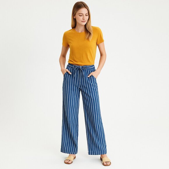 American Eagle Blue White Striped Palazzo Pants High Waist Wide Leg Size 8 Long - Picture 1 of 9